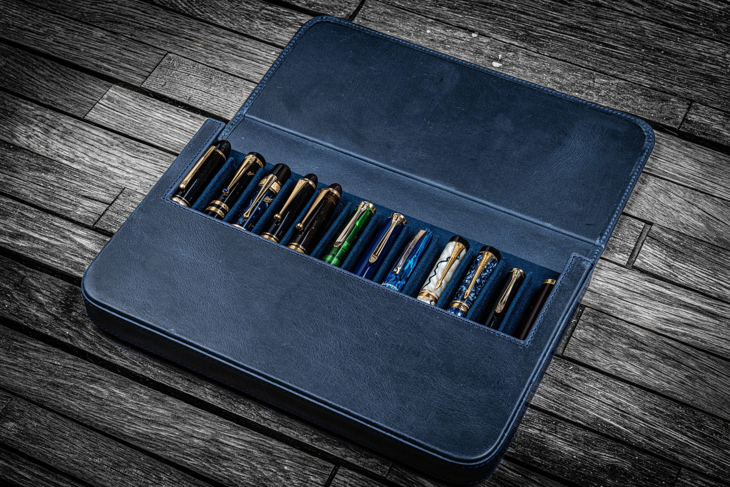 Galen Leather 12 Slots Magnum Opus Pen Case - Crazy Navy Blue (with Removable Pen Tray)