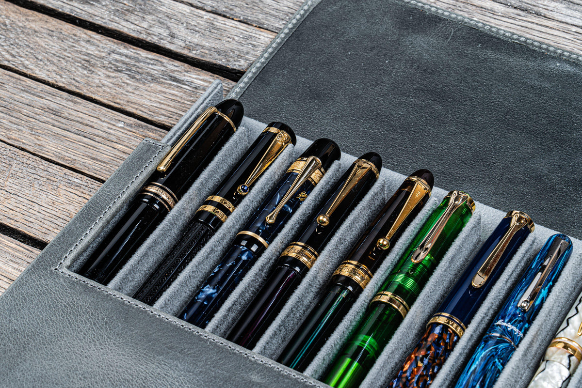 Galen Leather 12 Slots Magnum Opus Pen Case - Crazy Smoky (with Removable Pen Tray)