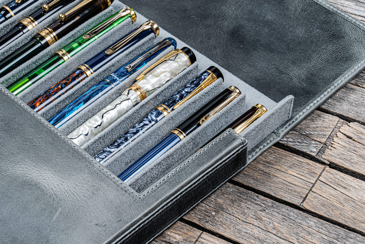 Galen Leather 12 Slots Magnum Opus Pen Case - Crazy Smoky (with Removable Pen Tray)