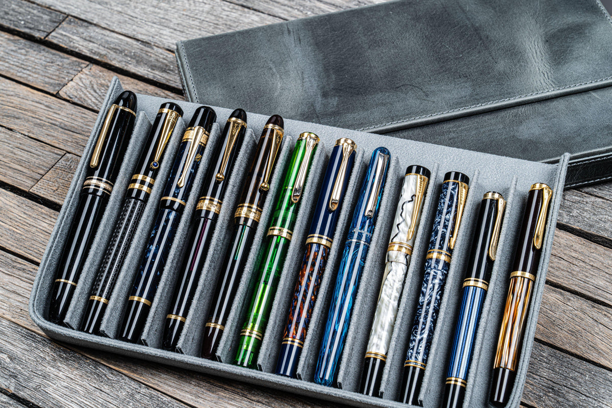 Galen Leather 12 Slots Magnum Opus Pen Case - Crazy Smoky (with Removable Pen Tray)