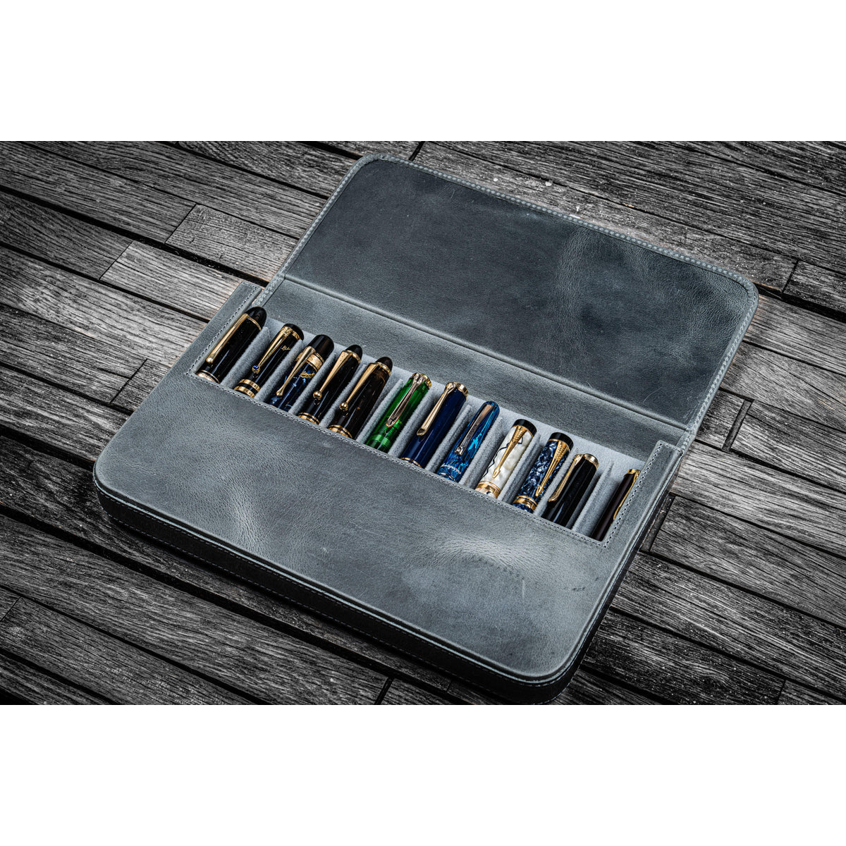 Galen Leather 12 Slots Magnum Opus Pen Case - Crazy Smoky (with Removable Pen Tray)