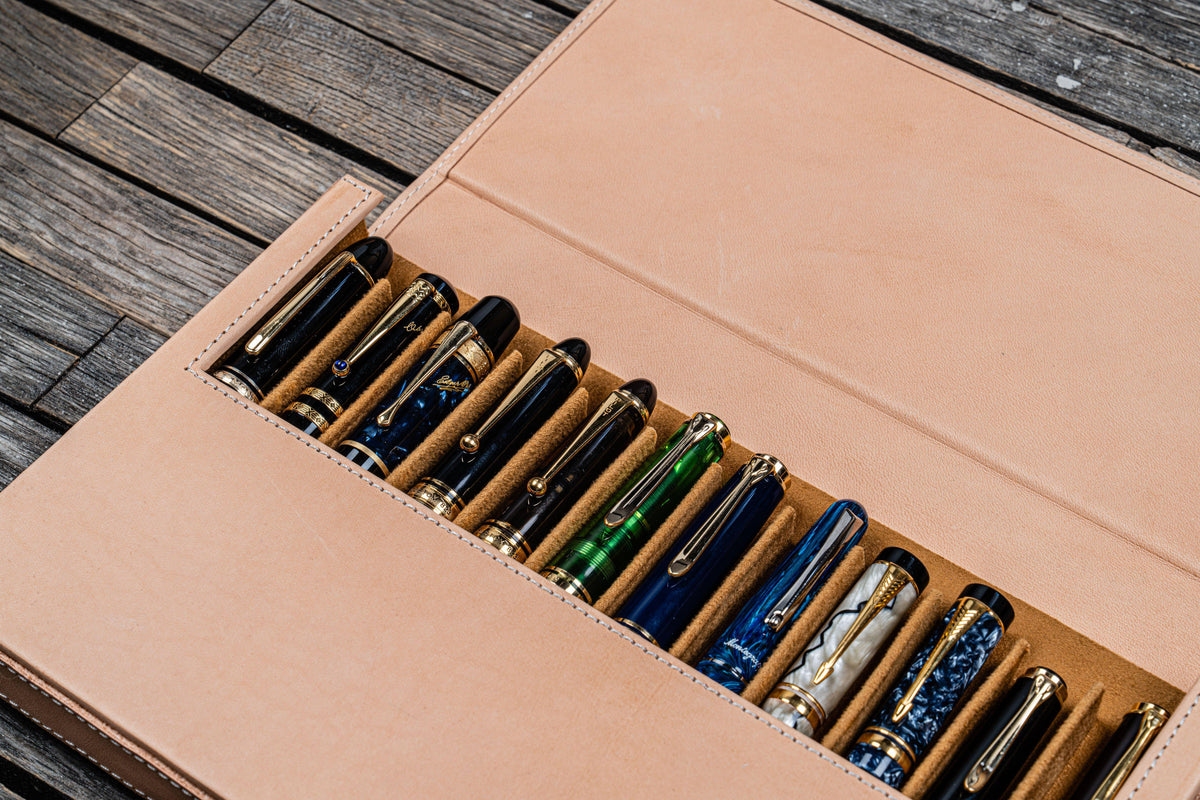 Galen Leather 12 Slots Magnum Opus Pen Case - Undyed (with Removable Pen Tray)