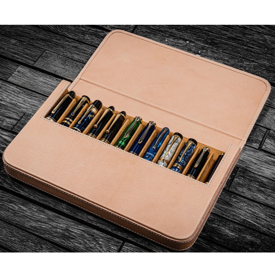 Galen Leather 12 Slots Magnum Opus Pen Case - Undyed (with Removable Pen Tray)