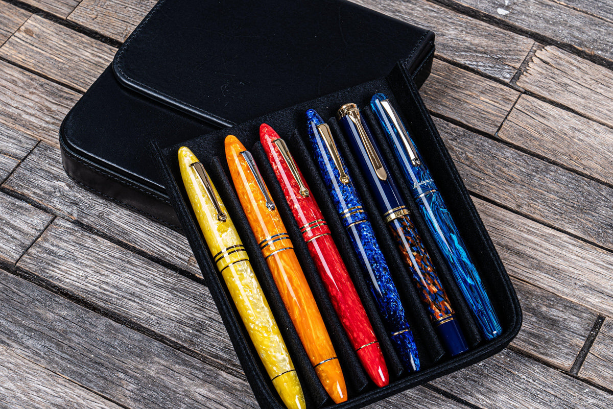 Galen Leather 6 Slots Magnum Opus Pen Case - Black (with Removable Pen Tray)
