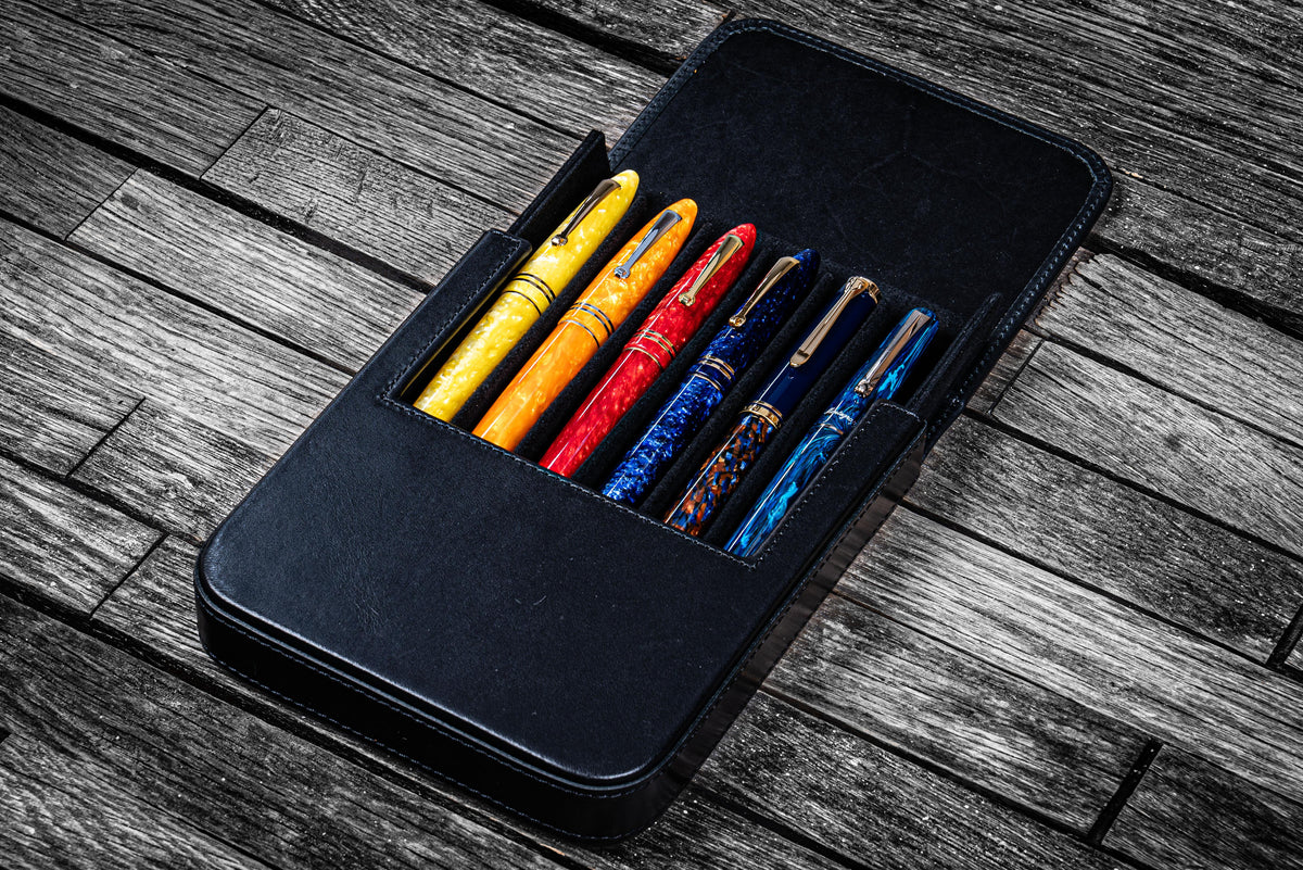 Galen Leather 6 Slots Magnum Opus Pen Case - Black (with Removable Pen Tray)