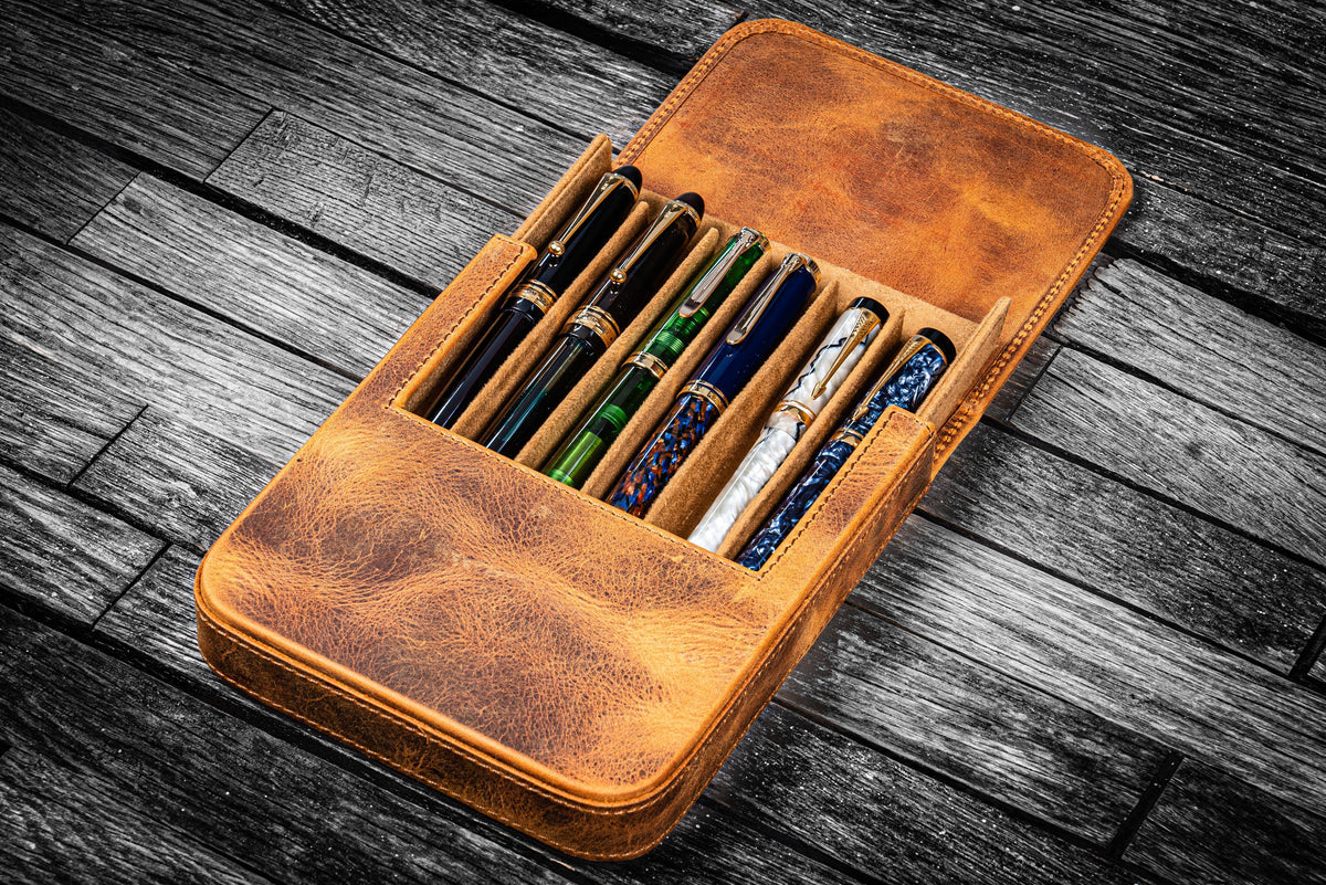 Galen Leather 6 Slots Magnum Opus Pen Case - Crazy Horse Brown (with Removable Tray)