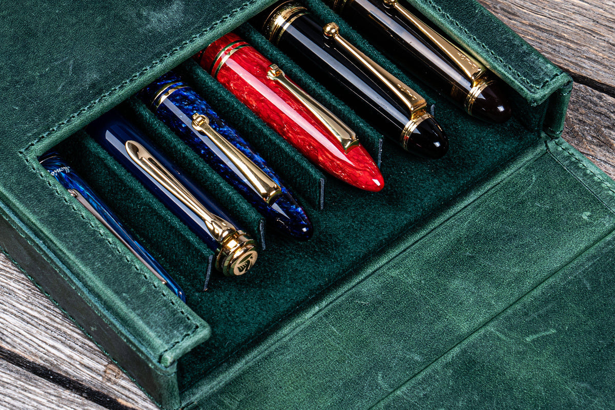 Galen Leather 6 Slots Magnum Opus Pen Case - Crazy Forest Green (with Removable Tray)