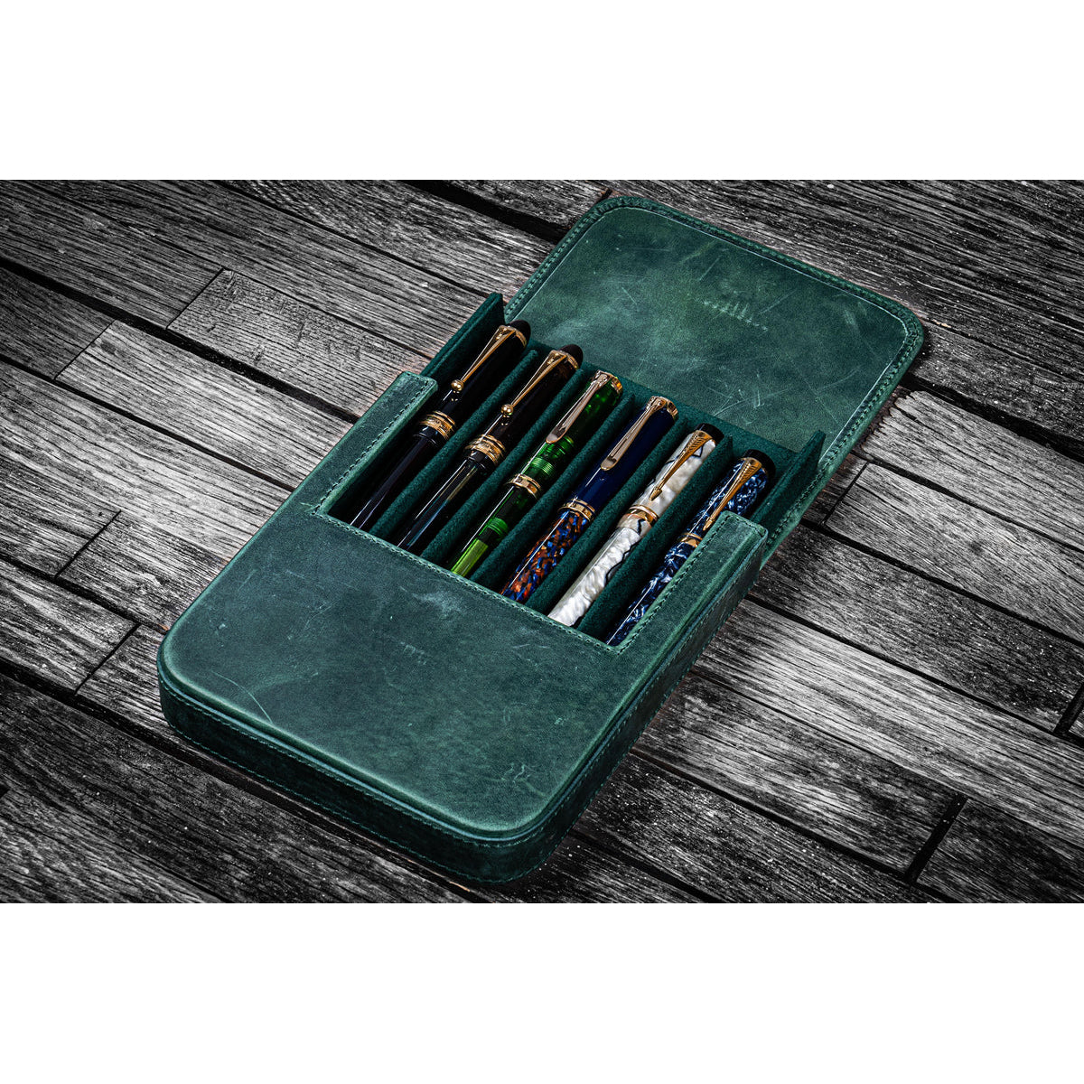Galen Leather 6 Slots Magnum Opus Pen Case - Crazy Forest Green (with Removable Tray)