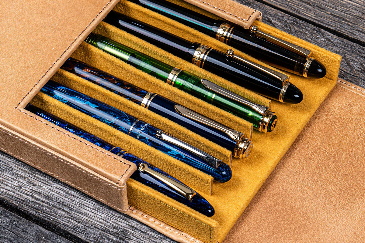 Galen Leather 6 Slots Magnum Opus Pen Case - Crazy Honey Ochre (with Removable Tray)