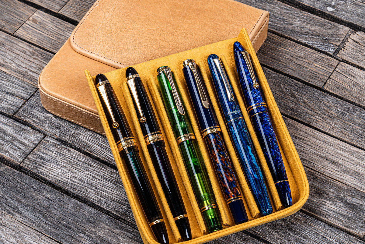 Galen Leather 6 Slots Magnum Opus Pen Case - Crazy Honey Ochre (with Removable Tray)