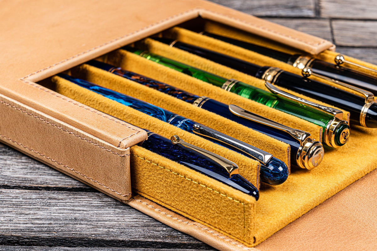 Galen Leather 6 Slots Magnum Opus Pen Case - Crazy Honey Ochre (with Removable Tray)