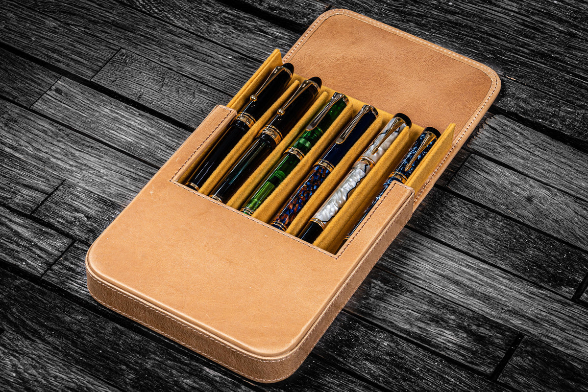 Galen Leather 6 Slots Magnum Opus Pen Case - Crazy Honey Ochre (with Removable Tray)