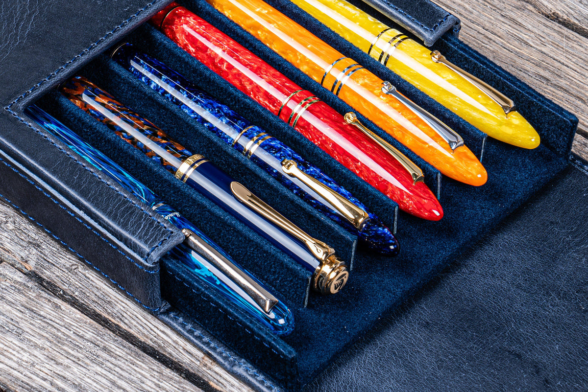 Galen Leather 6 Slots Magnum Opus Pen Case - Crazy Navy Blue (with Removable Tray)