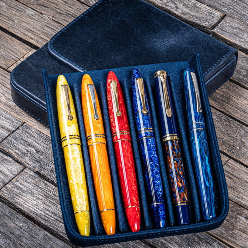 Galen Leather 6 Slots Magnum Opus Pen Case - Crazy Navy Blue (with Removable Tray)