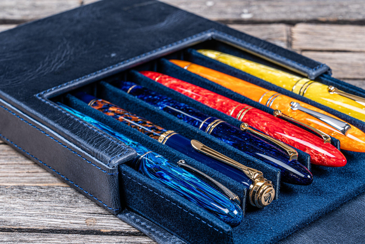 Galen Leather 6 Slots Magnum Opus Pen Case - Crazy Navy Blue (with Removable Tray)