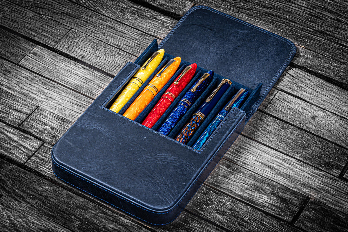 Galen Leather 6 Slots Magnum Opus Pen Case - Crazy Navy Blue (with Removable Tray)