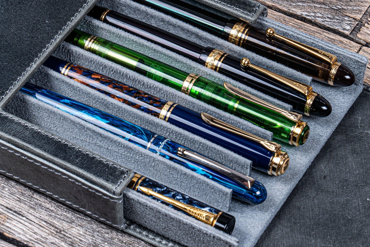 Galen Leather 6 Slots Magnum Opus Pen Case - Crazy Horse Smoky (with Removable Tray)