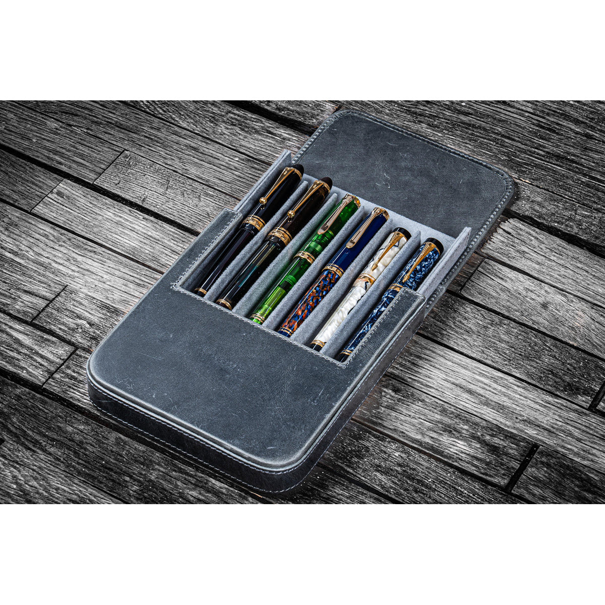 Galen Leather 6 Slots Magnum Opus Pen Case - Crazy Horse Smoky (with Removable Tray)