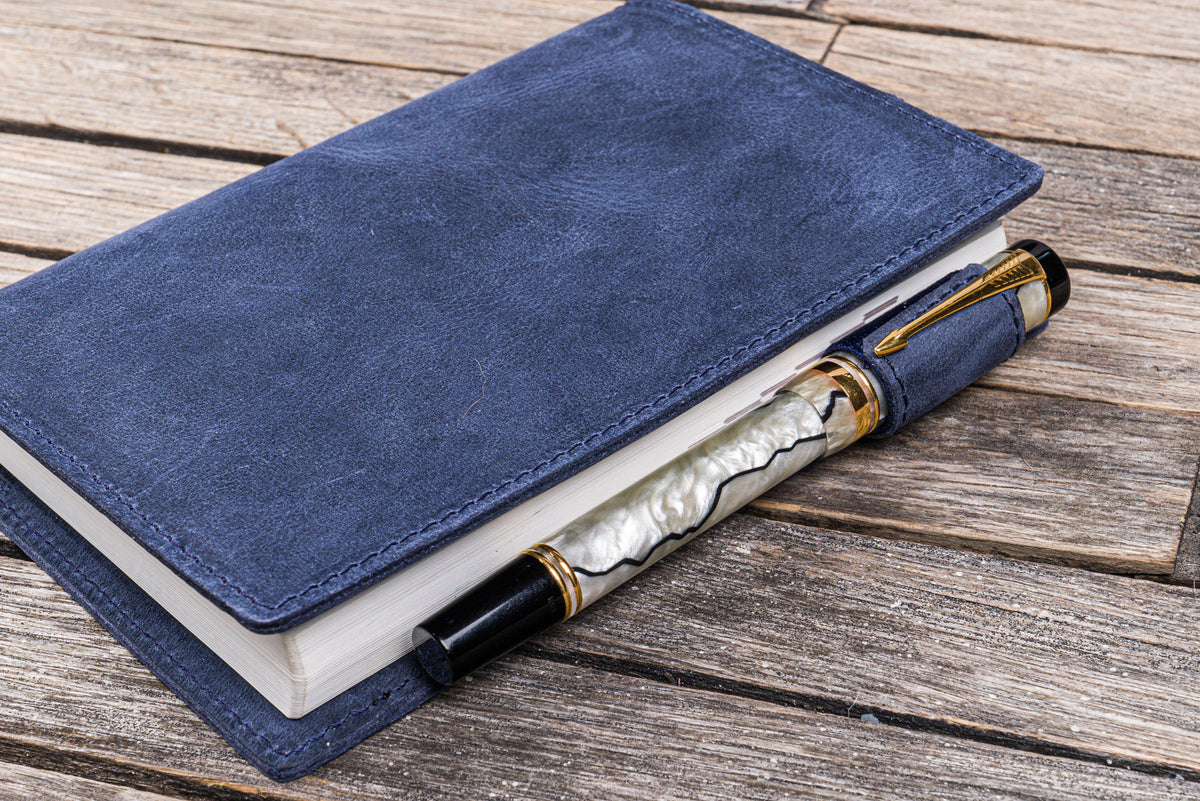 Galen Leather Slim A6 Notebook/Planner Cover - Crazy Horse Navy Blue