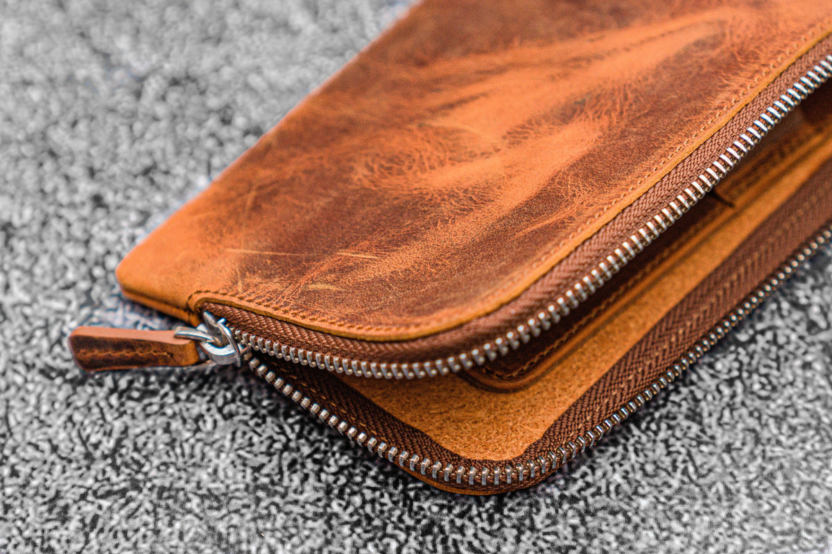 Galen Leather Zippered 4 Slots Slip-n-Zip Pen Pouch - Crazy Horse Brown