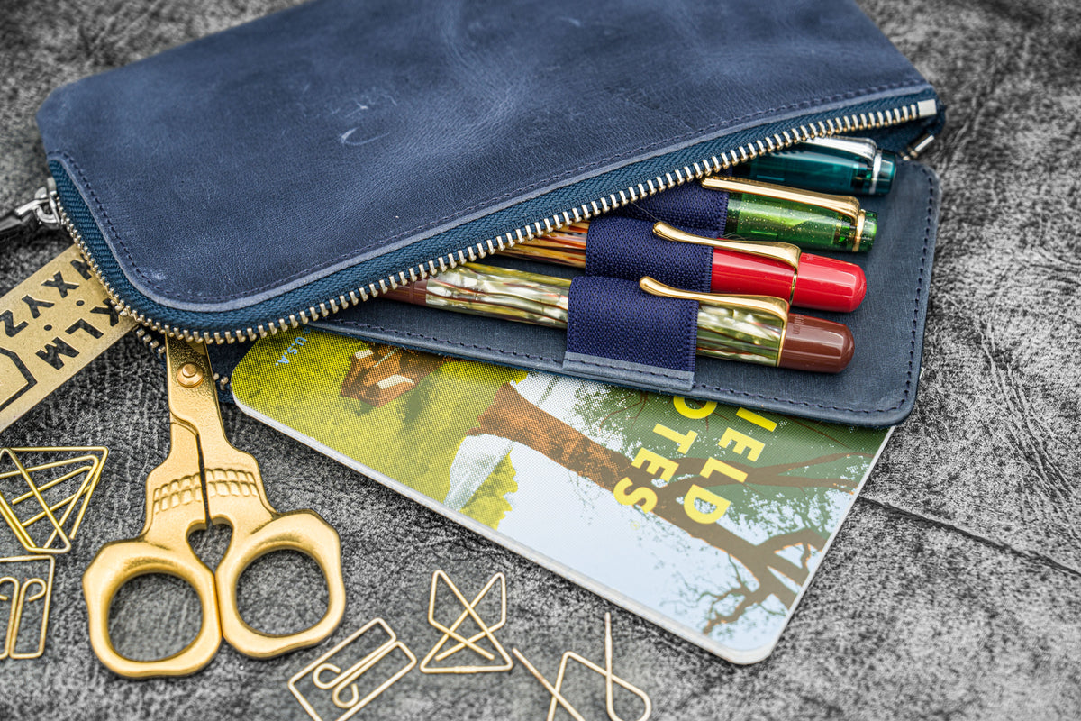 Galen Leather Zippered 4 Slots Slip-n-Zip Pen Pouch - Crazy Horse Navy Blue
