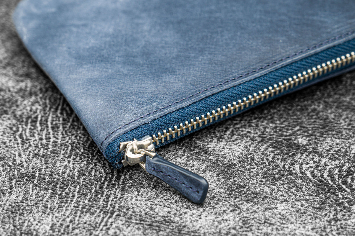 Galen Leather Zippered 4 Slots Slip-n-Zip Pen Pouch - Crazy Horse Navy Blue