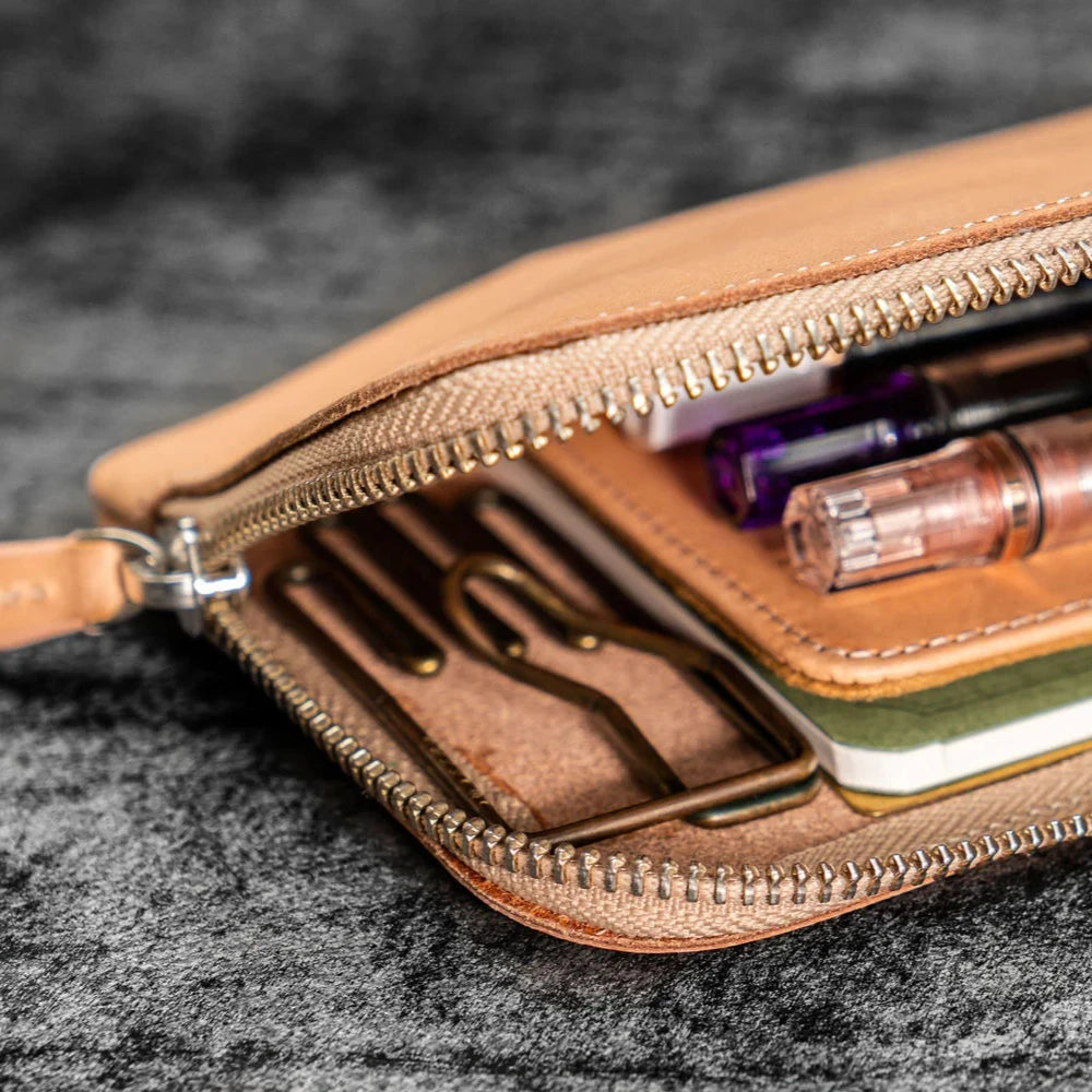 Galen Leather Zippered 4 Slots Slip-n-Zip Pen Pouch - Crazy Horse Honey Ochre