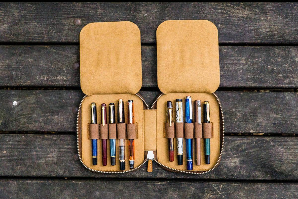 Galen Leather Zippered 10 Slots Pen Case - Crazy Horse Brown