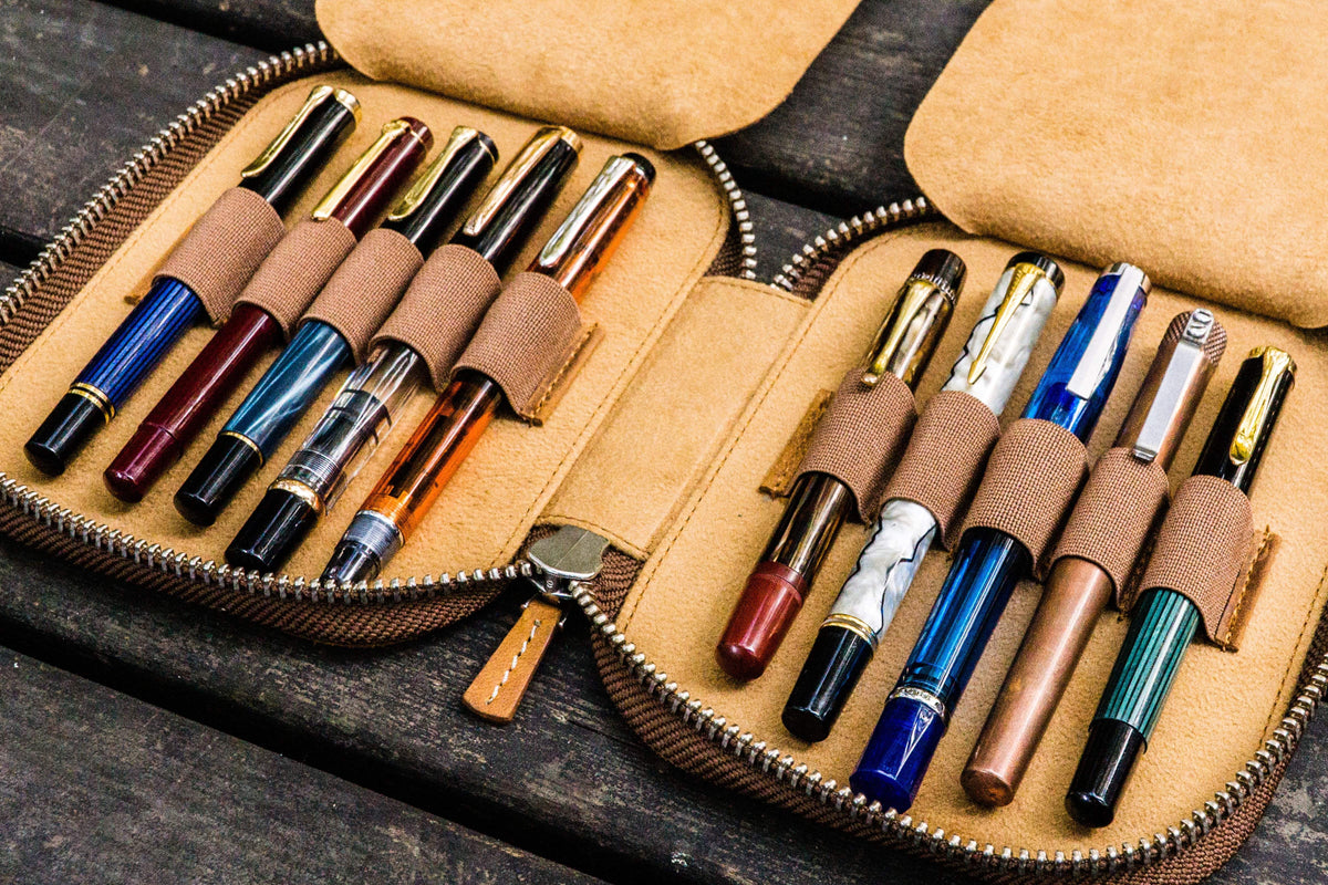 Galen Leather Zippered 10 Slots Pen Case - Crazy Horse Brown
