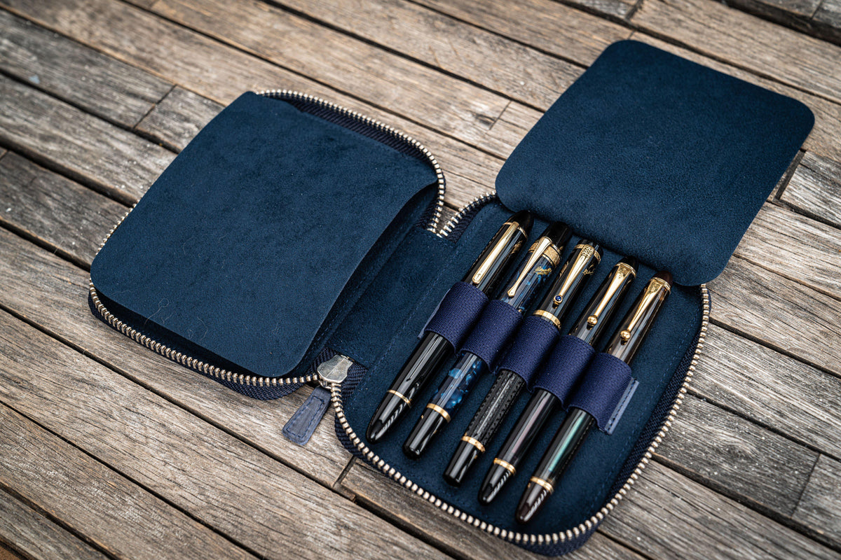 Galen Leather Zippered 10 Slots Pen Case - Crazy Horse Navy