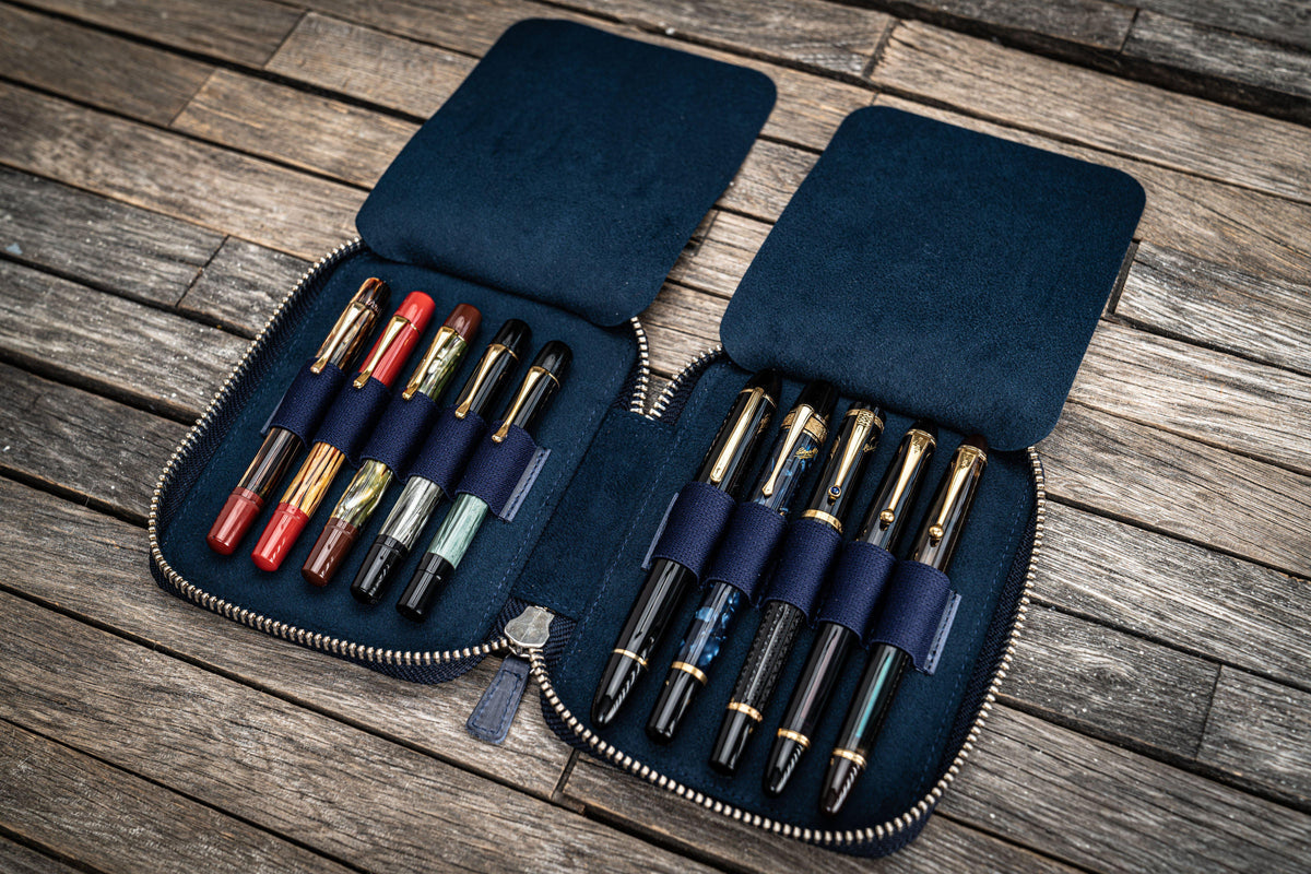 Galen Leather Zippered 10 Slots Pen Case - Crazy Horse Navy