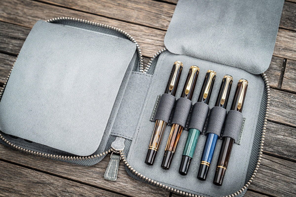 Galen Leather Zippered 10 Slots Pen Case - Crazy Horse Smoky