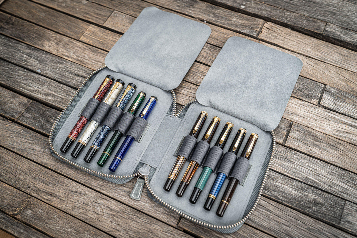 Galen Leather Zippered 10 Slots Pen Case - Crazy Horse Smoky