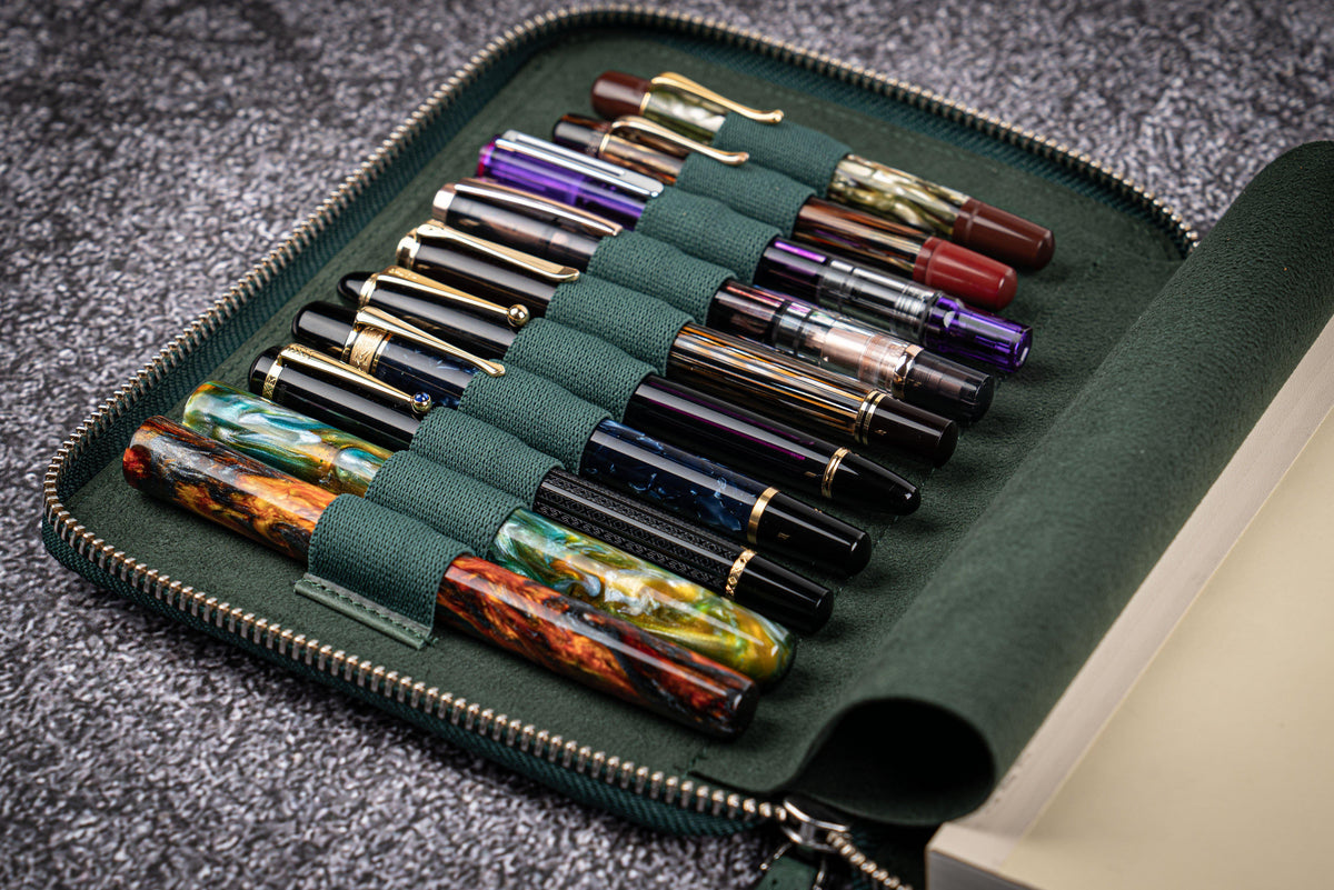 Galen Leather Zippered 10 Slots Pen Case with A5 Notebook Holder - Crazy Horse Forest Green