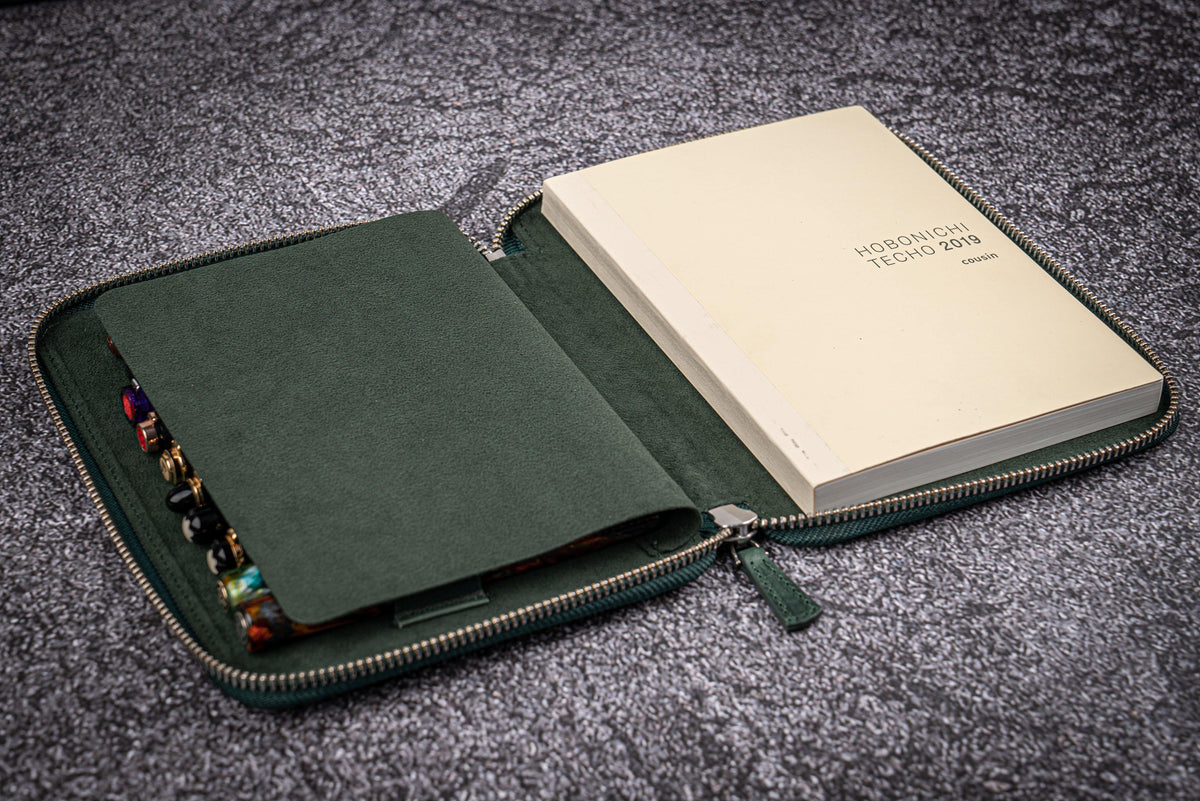 Galen Leather Zippered 10 Slots Pen Case with A5 Notebook Holder - Crazy Horse Forest Green
