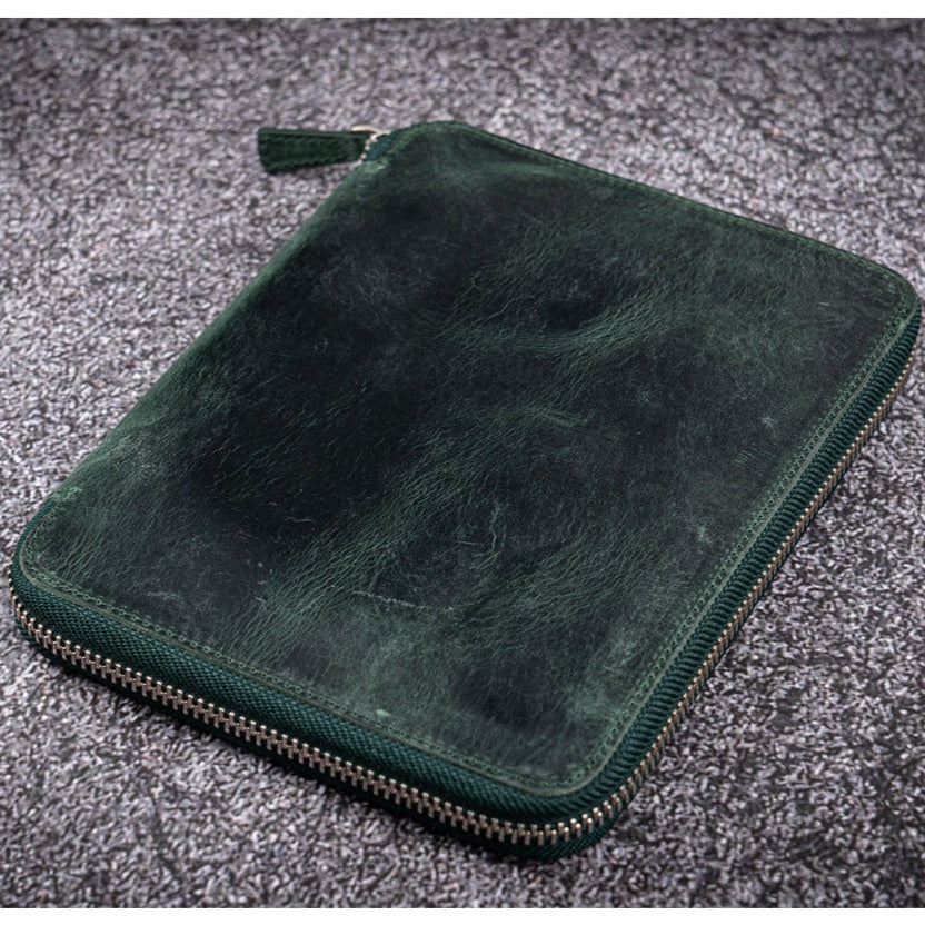 Galen Leather Zippered 10 Slots Pen Case with A5 Notebook Holder - Crazy Horse Forest Green
