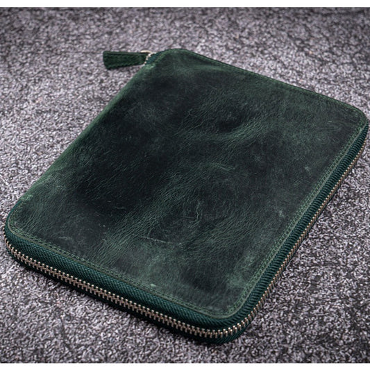 Galen Leather Zippered 10 Slots Pen Case with A5 Notebook Holder - Crazy Horse Forest Green