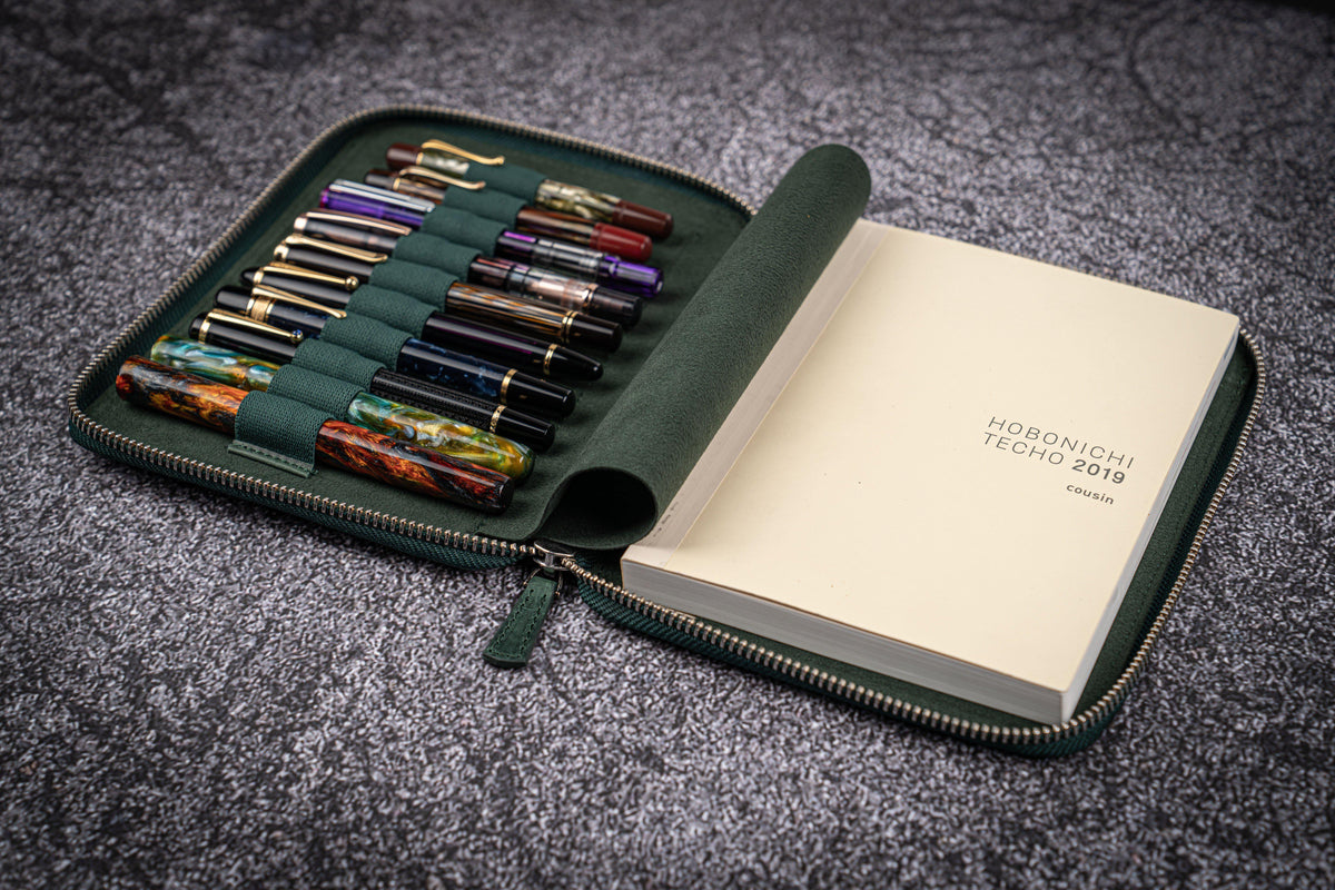 Galen Leather Zippered 10 Slots Pen Case with A5 Notebook Holder - Crazy Horse Forest Green