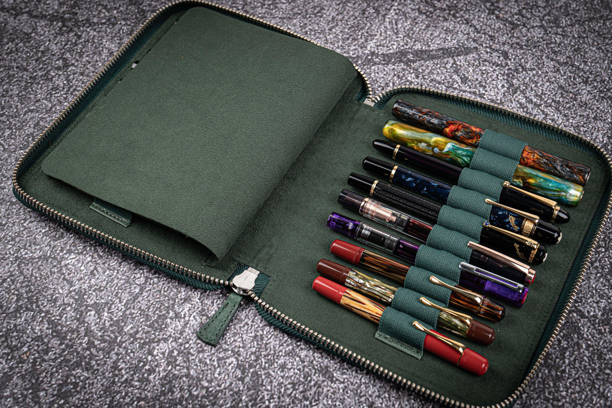 Galen Leather Zippered 20 Slots Pen Case - Crazy Horse Forest Green