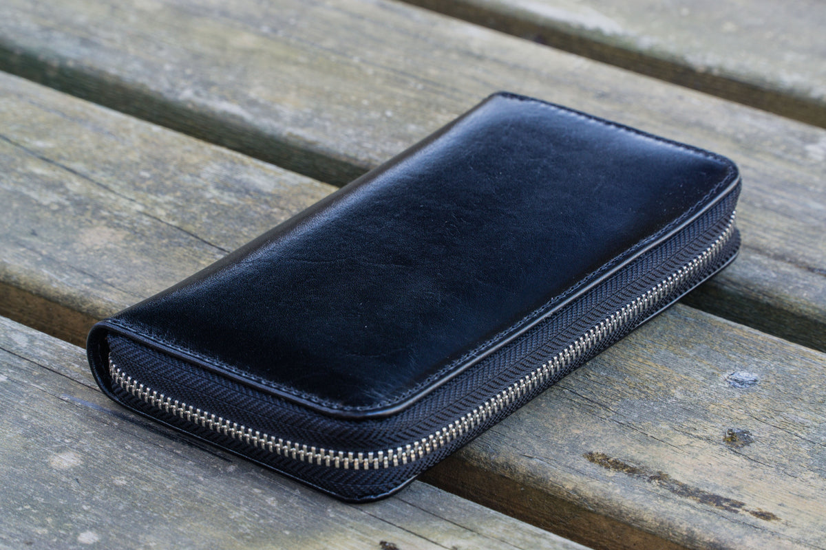Galen Leather Zippered 3 Slots Pen Case - Black