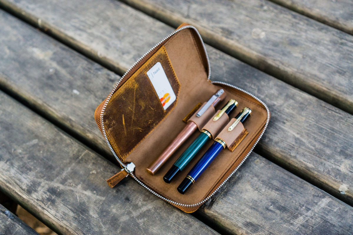 Galen Leather Zippered 3 Slots Pen Case - Crazy Horse Brown