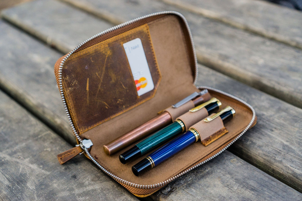 Galen Leather Zippered 3 Slots Pen Case - Crazy Horse Brown