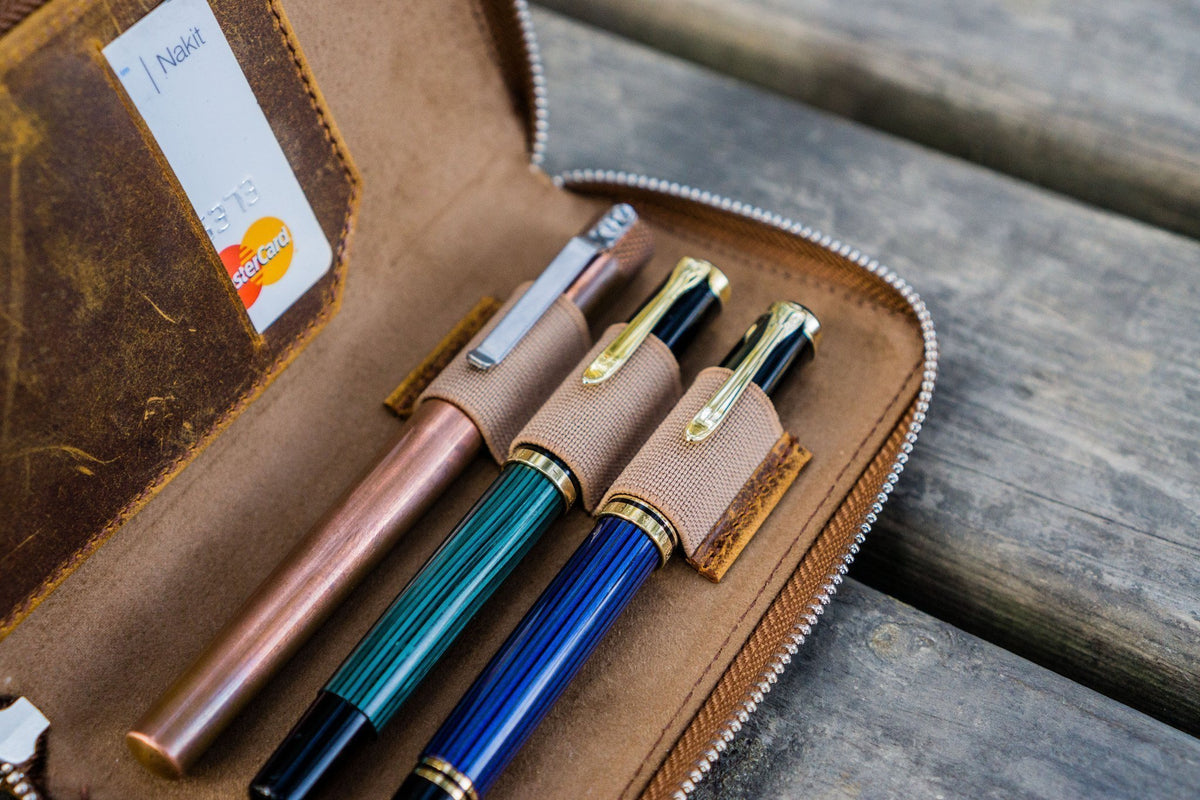 Galen Leather Zippered 3 Slots Pen Case - Crazy Horse Brown