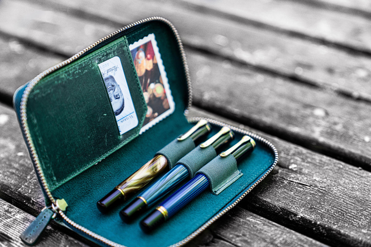 Galen Leather Zippered 3 Slots Pen Case - Crazy Horse Forest Green