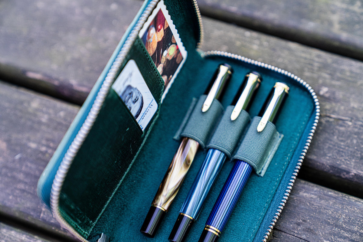 Galen Leather Zippered 3 Slots Pen Case - Crazy Horse Forest Green