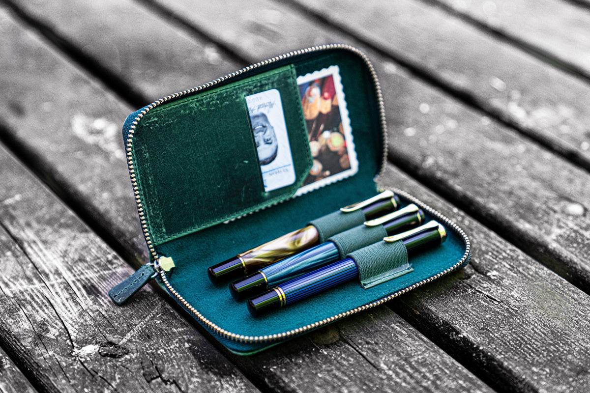 Galen Leather Zippered 3 Slots Pen Case - Crazy Horse Forest Green