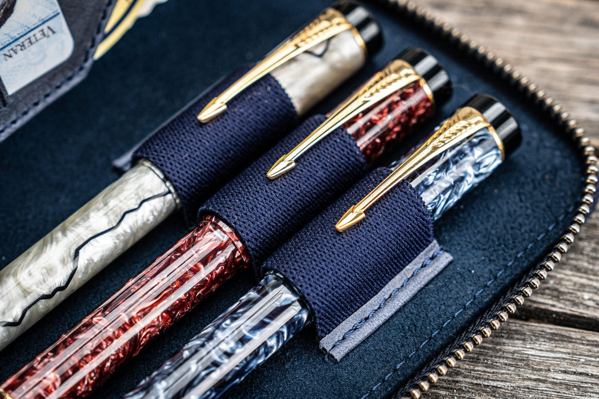 Galen Leather Zippered 3 Slots Pen Case - Crazy Horse Navy Blue