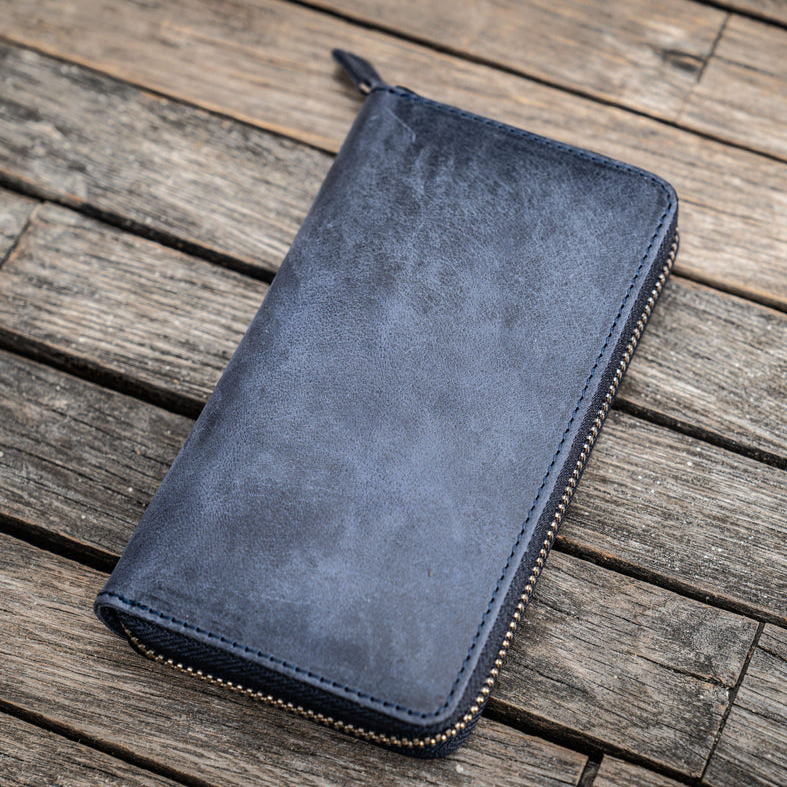 Galen Leather Zippered 3 Slots Pen Case - Crazy Horse Navy Blue