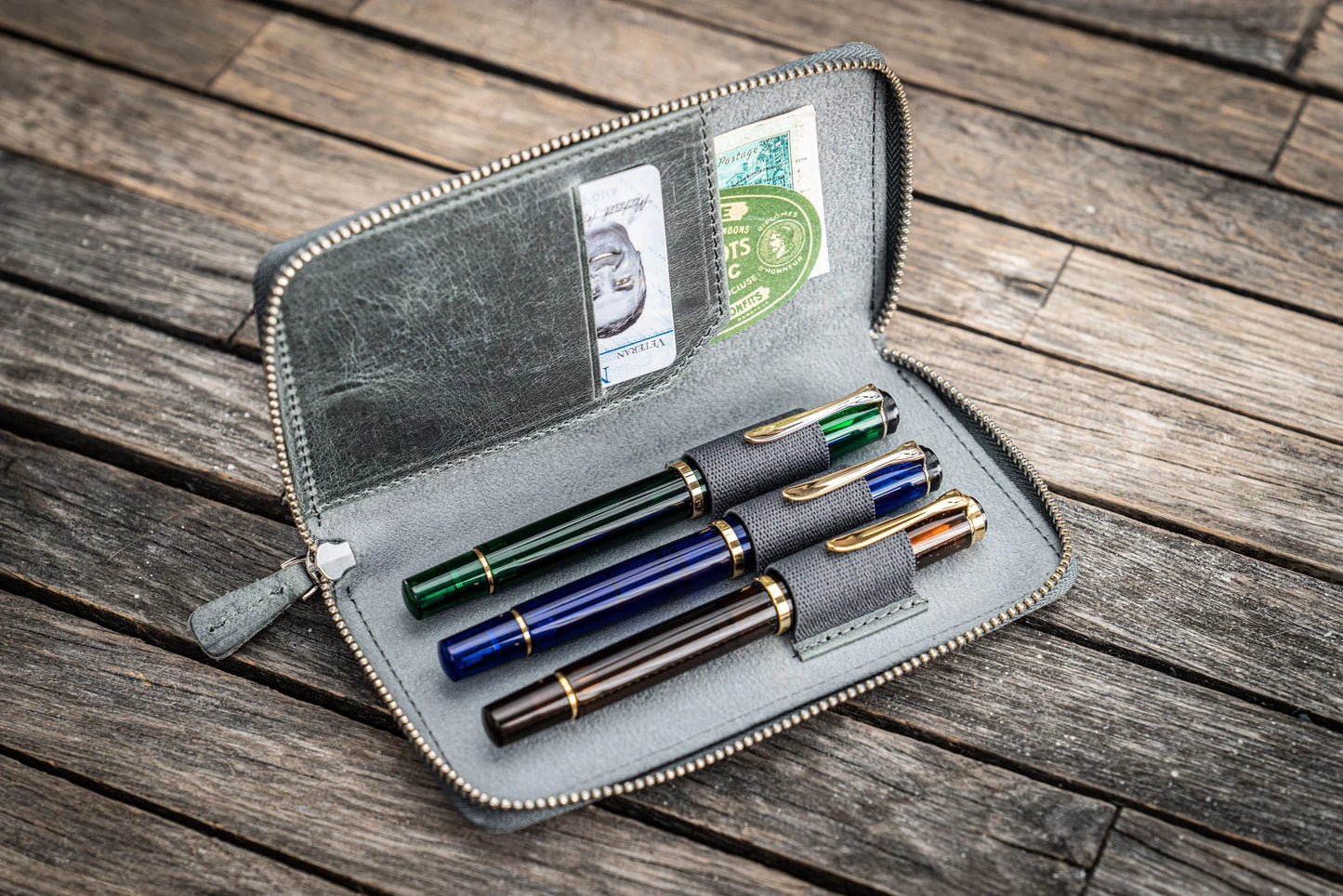 Galen Leather Zippered 3 Slots Pen Case - Crazy Horse Smoky