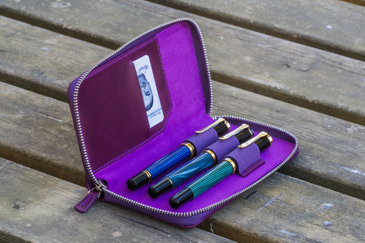 Galen Leather Zippered 3 Slots Pen Case - Purple